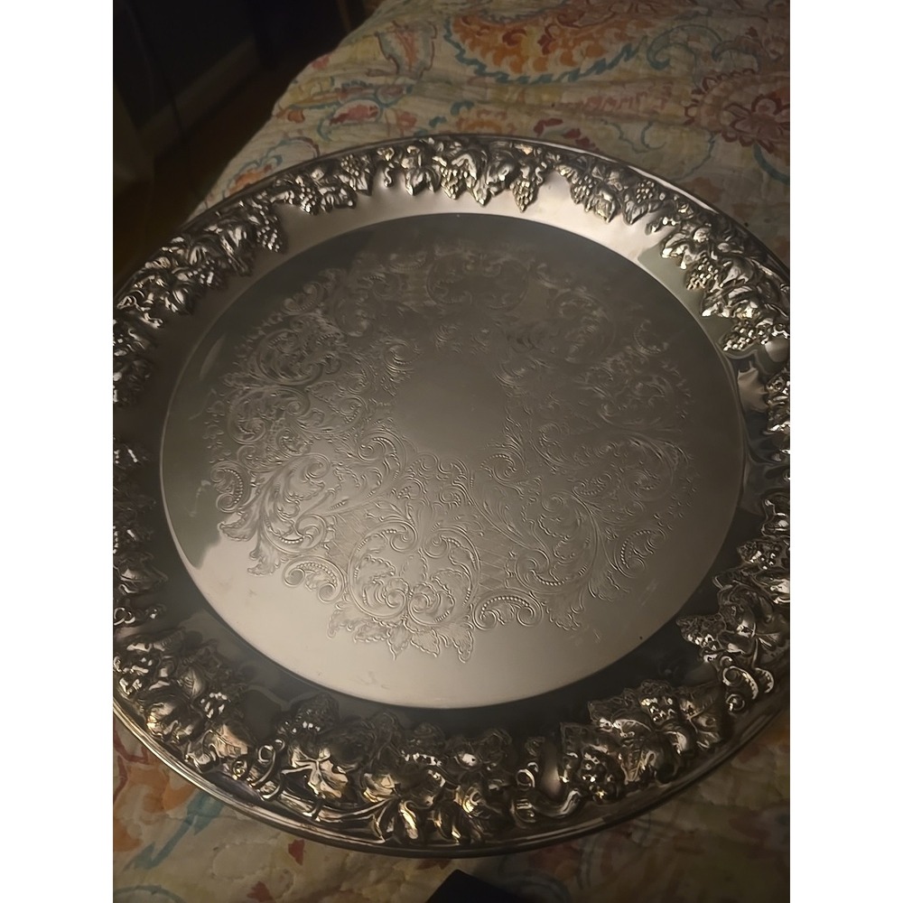 International Silver Company Round Tray with Raised Grapes Design, 13.5 inches.